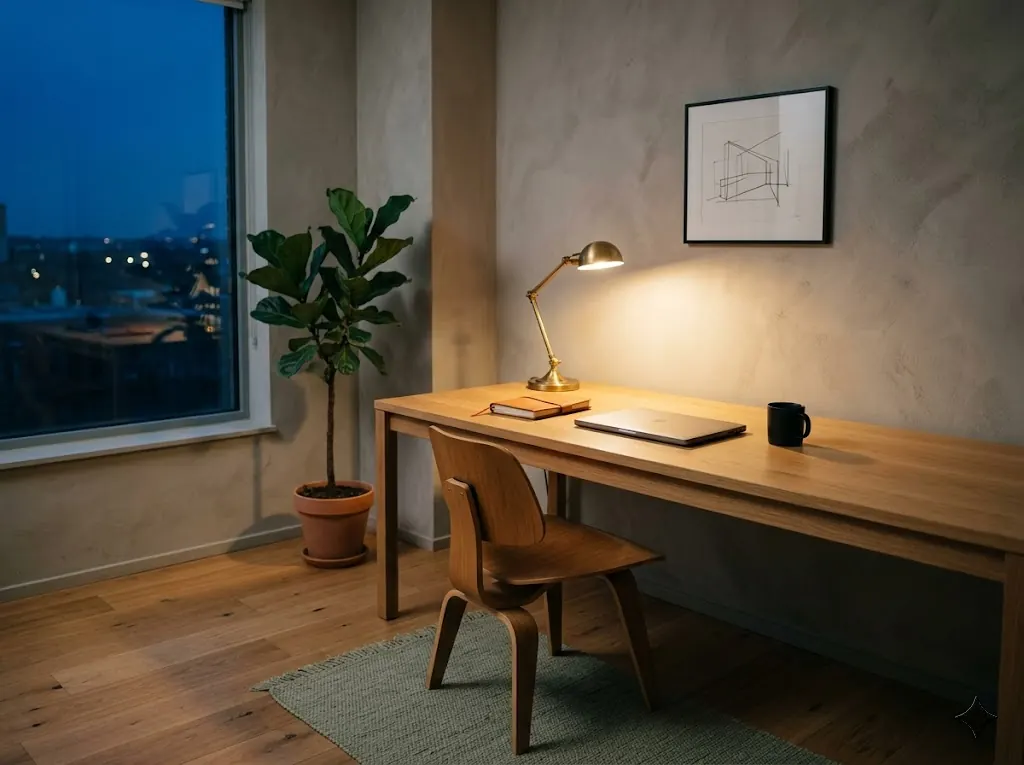 Cleaned modern office corner at dusk with a brass desk lamp glowing against twilight window