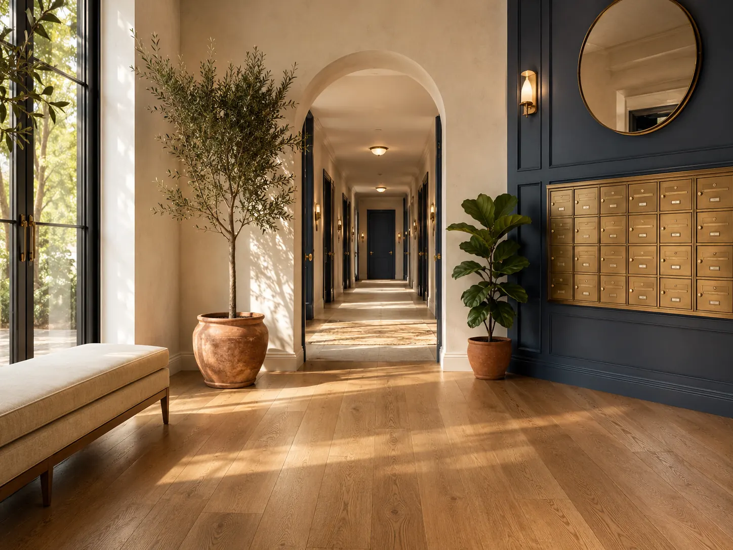 Bright multi-unit residential building lobby and common area