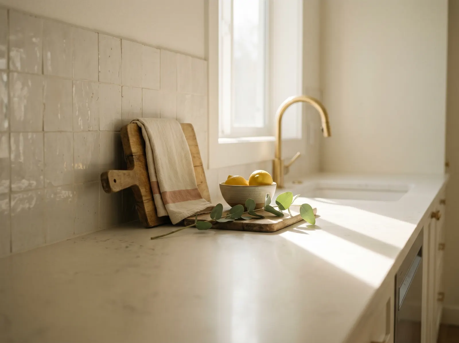 Sunlit residential kitchen counter with eucalyptus, lemons, and folded linen tea towel
